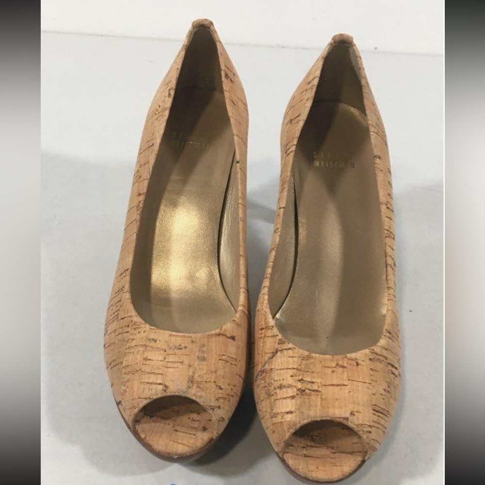 Stuart Weitzman Elegant Tan Cork Peep-Toe Pump Heels Women Shoes Size 7.5M